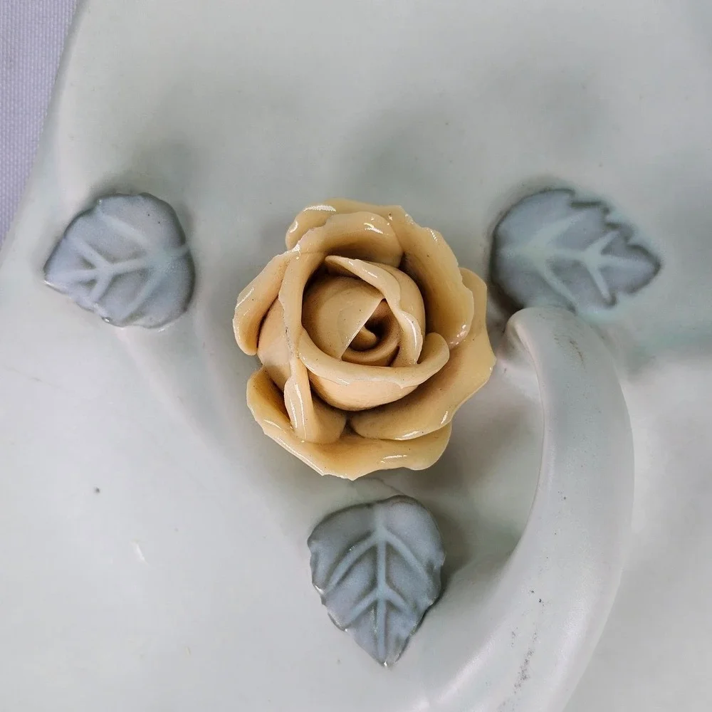 Vintage Ceramic Rose Trinket Dish Three Lobe Clover Jewelry Tray Celadon Green